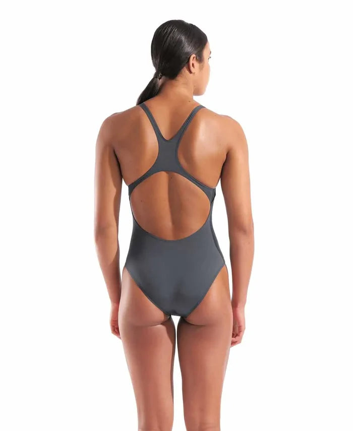 Arena women's Team Swim Pro Back solid swimsuit in asphalt and bright coral, featuring a sleek design and comfortable fit.