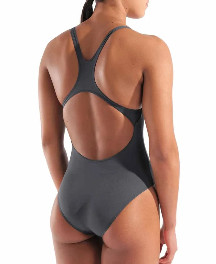 Arena women's Team Swim Pro Back solid swimsuit in asphalt and bright coral, featuring a sleek, supportive design for competitive swimming.