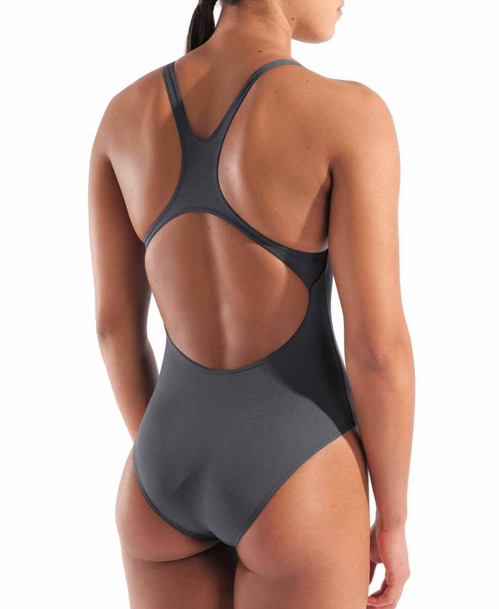 Arena Women's Team Swim Pro Back solid swimsuit in asphalt and bright coral, featuring a sleek, supportive design.