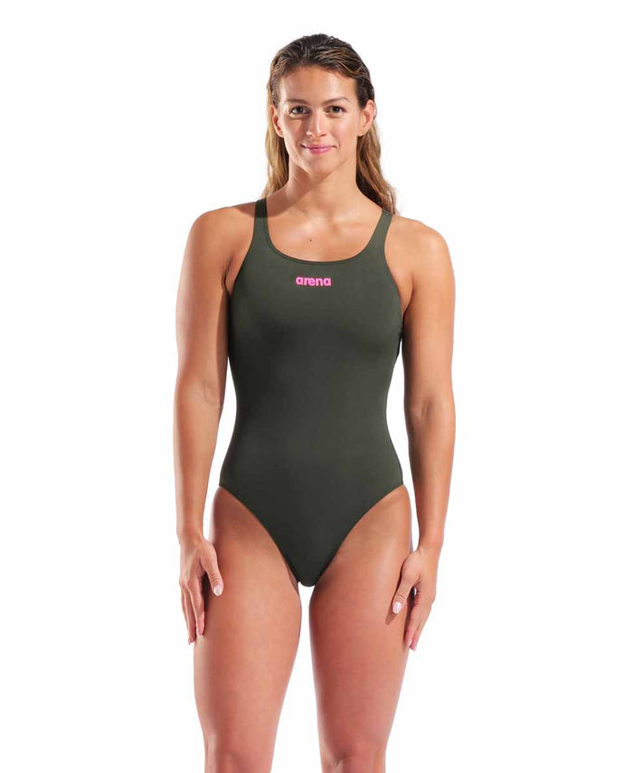 Arena women's Team Swim Pro Back solid swimsuit in dark sage and shocking pink, featuring a sleek back design for competitive swimming.