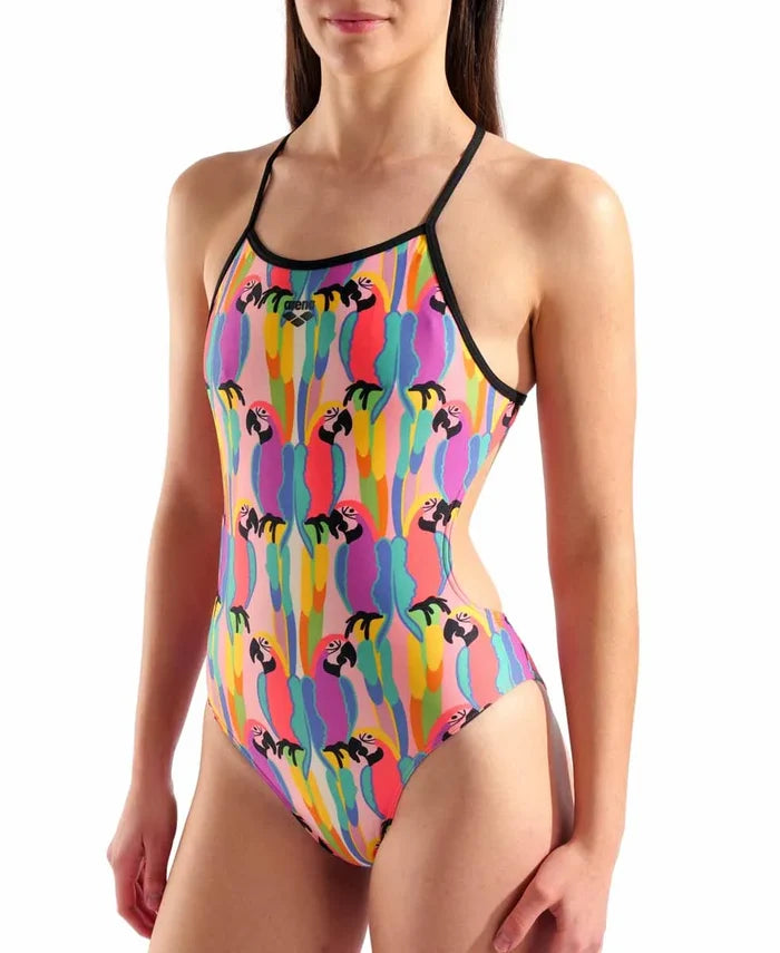 Arena women's Tropical Delight tie-back swimsuit in multi pink and black with tropical print, perfect for beach or pool.