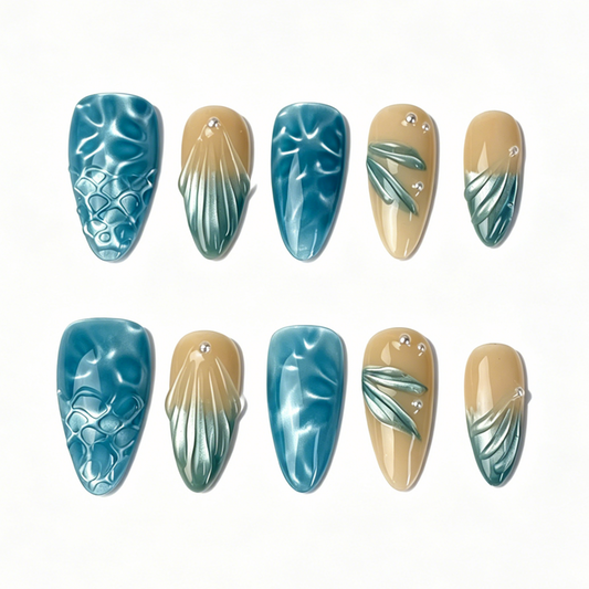 Teal blue mermaid 3D sculpted press on nails medium almond shape with pearl decor for women