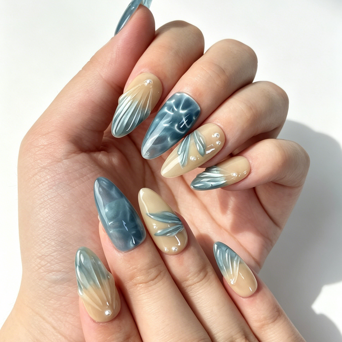 Aesthetic 3D sculpted mermaid press on nails teal blue nude gradient medium almond on hand