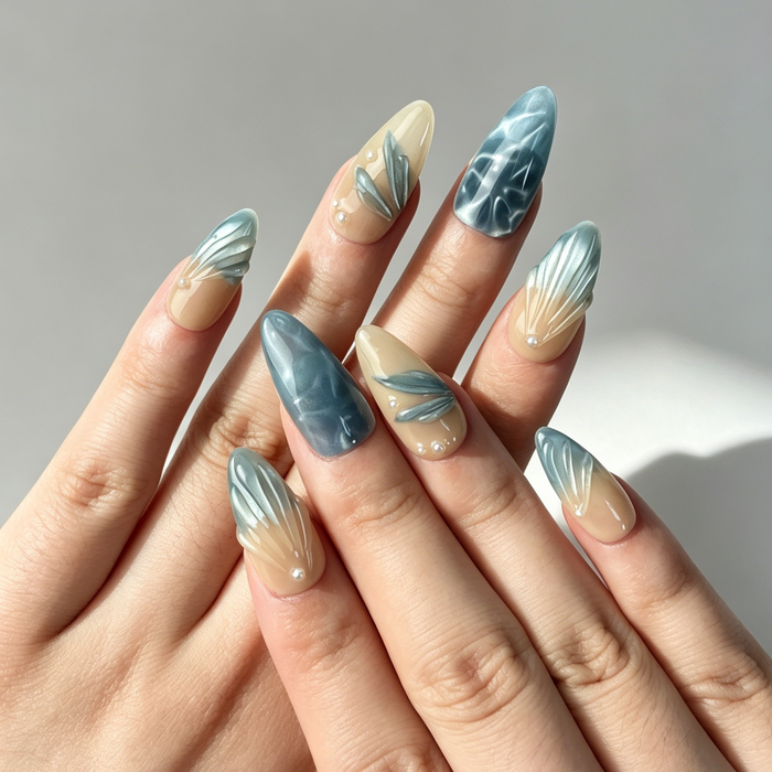 Close‑up of metallic teal water ripple texture press on nails medium almond shape