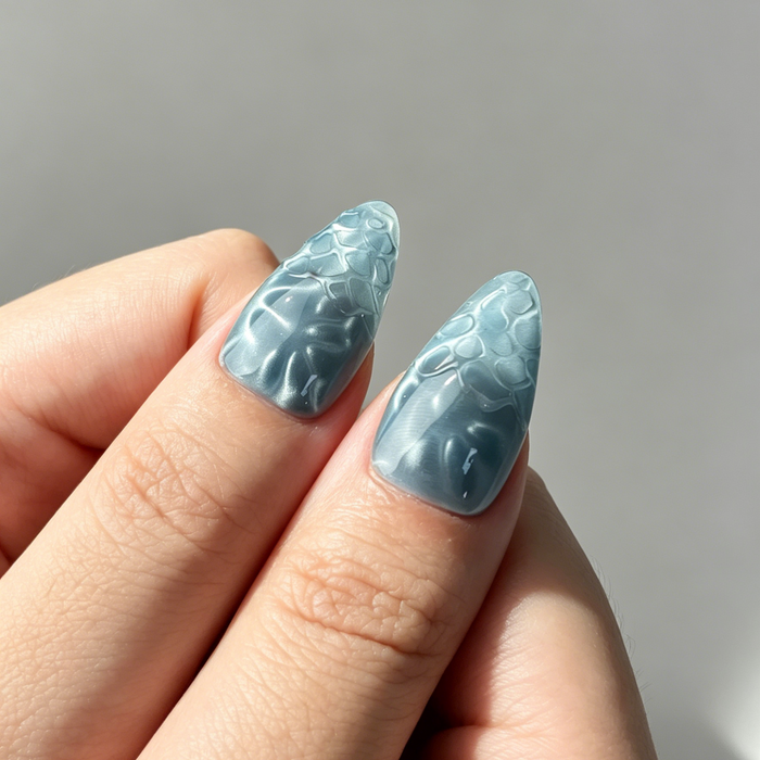 Elegant Teal Cat Eye Press On Nails, MediumAlmond Nude Fake Nails