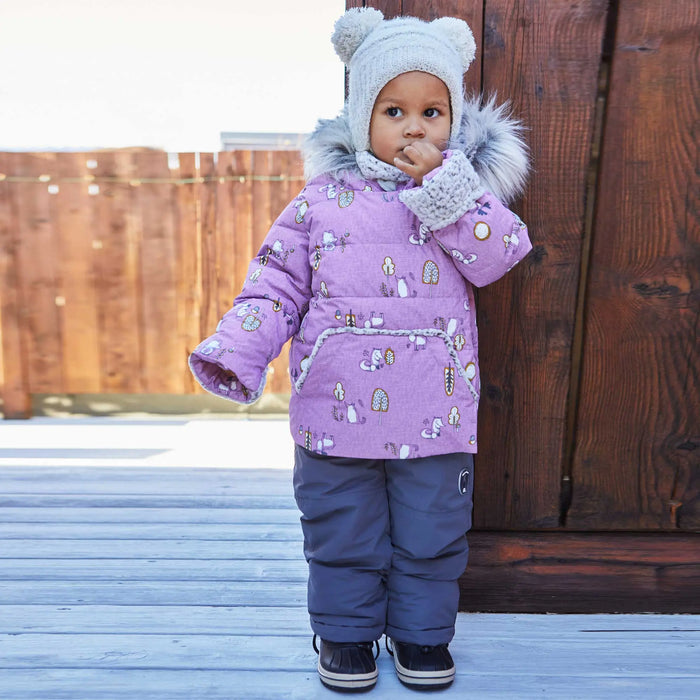 Deux par Deux baby girls woodland animals two-piece snowsuit in Lilac with printed jacket and snow overalls.