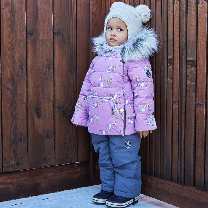 Deux par Deux baby girls Lilac woodland jacket showing removable faux fur hood and plush lining.