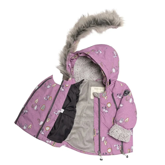 Back view of Deux par Deux baby girls Lilac woodland animals winter jacket with removable faux fur trim.