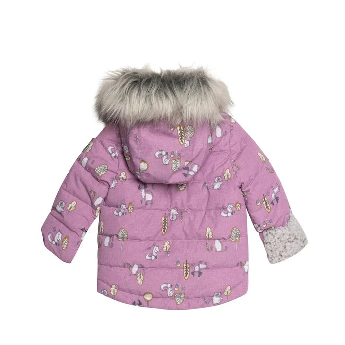 Deux par Deux baby girls solid snow overalls with high waist, front zipper, and adjustable boot straps.