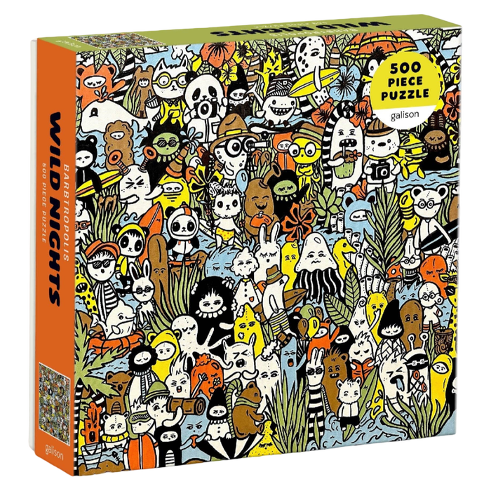 Barbtropolis puzzle, Wild Nights puzzle, jungle puzzle, animal puzzle, 500 piece puzzle, colorful puzzle, rainforest puzzle, whimsical art puzzle, puzzle for adults, nature puzzle, animal lover gift, family puzzle, colorful artwork, puzzle gift, art puzzle, jungle animals, eco friendly puzzle, collectible puzzle, unique puzzle, boutique gifts