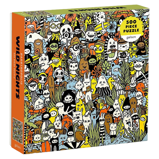 Barbtropolis puzzle, Wild Nights puzzle, jungle puzzle, animal puzzle, 500 piece puzzle, colorful puzzle, rainforest puzzle, whimsical art puzzle, puzzle for adults, nature puzzle, animal lover gift, family puzzle, colorful artwork, puzzle gift, art puzzle, jungle animals, eco friendly puzzle, collectible puzzle, unique puzzle, boutique gifts