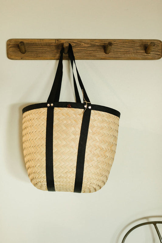 Basket braided weave with black Nylon long handle and trimmed edge, Medium