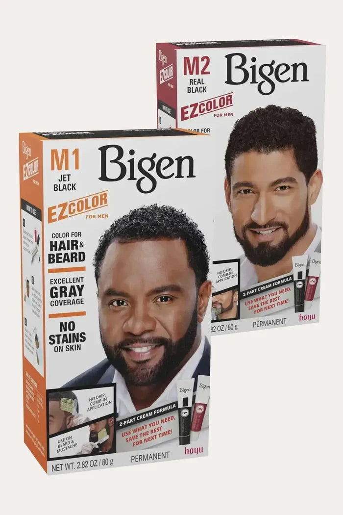 Bigen EZColor M1 Jet Black and M2 Real Black - Best Beard and Hair Dye for Men, No Stain on Skin Hair Color, Ammonia Free Men's Hair Dye, Permanent 2-Part Cream Formula 2.82 oz, Excellent Gray Coverage