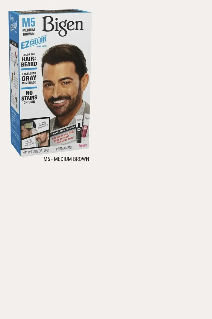 Bigen EZColor M5 Medium Brown - Best Beard and Hair Dye for Men, No Stain on Skin Hair Color, Ammonia Free Men's Hair Dye with Excellent Gray Coverage, Permanent 2-Part Cream Formula 2.82 oz