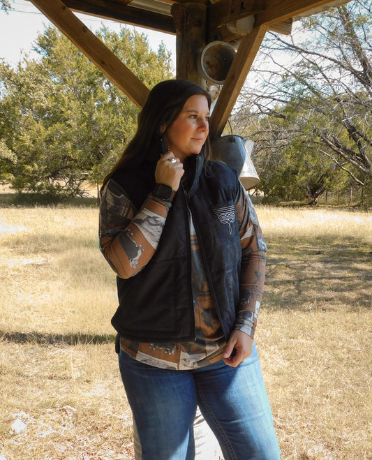 Black Puffer W Aztec Lining Boot Stitch Detail Vest