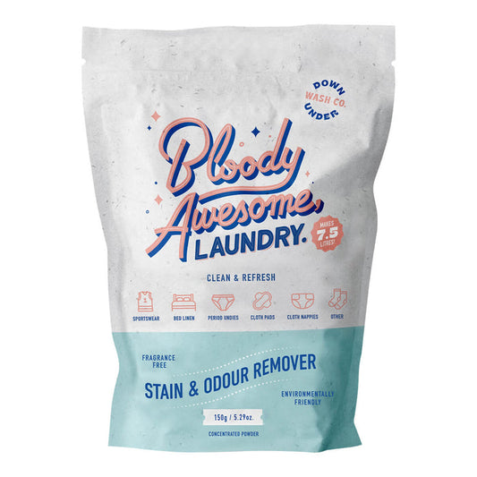 Fragrance free, stain and odour remover laundry powder packaged in a home compostable pouch.