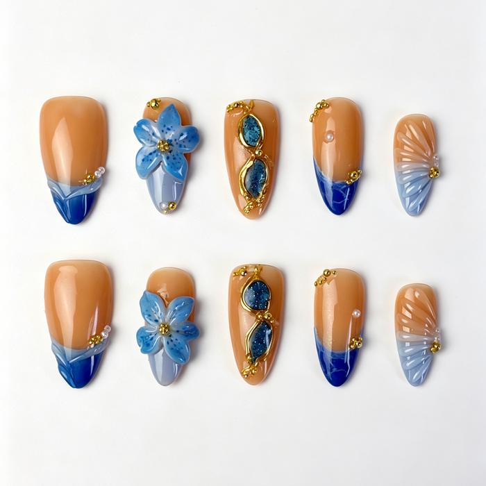 Medium Almond Press On Nails, Handmade 3D Blue Floral Fake Nails, Nude Orange Blue Gradient Gold Chain Pearl Elegant Nail Art Set