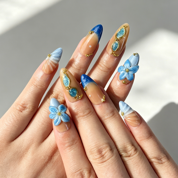 Elegant Orange Blue Gradient Press On Nails, Medium Almond 3D Blue Flower Gold Chain Pearl Nails on Hand, Gentle Nude Reusable Fake Nail Tips