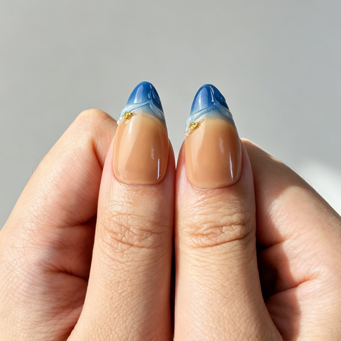 Blue Floral Gold Chain Press On Nails, Medium Almond Nude Orange Gradient Pearl Elegant Fake Nail Set