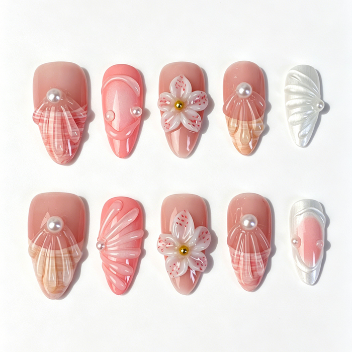 Medium Almond Press On Nails, Handmade 3D Cherry Blossom Fake Nails, Nude Pink Shell Pearl Gentle Spring Nail Art Set