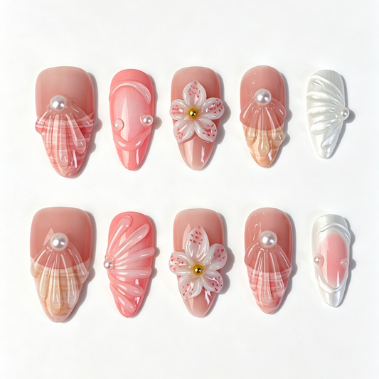 Medium Almond Press On Nails, Handmade 3D Cherry Blossom Fake Nails, Nude Pink Shell Pearl Gentle Spring Nail Art Set