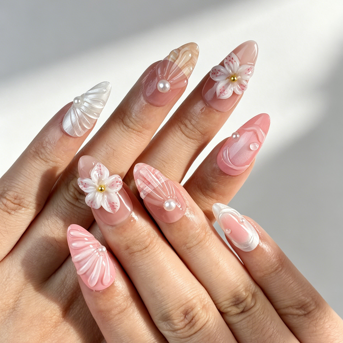 Hand Painted Spring Cherry Blossom Press On Nails, Medium Almond Nude Pink 3D Flower Shell Pearl Nails on Hand, Soft Gentle Fake Nail Tips