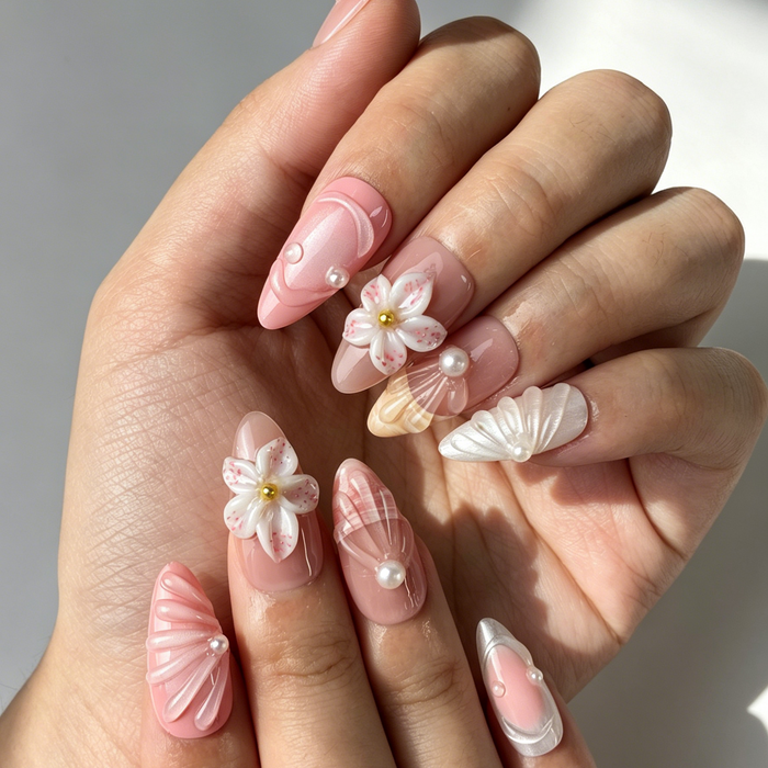 Close Up 3D Embossed Nail Art, Pink Cherry Blossom Shell Pearl Decor, Medium Almond Nude Gradient Press On Nail Detail Shot