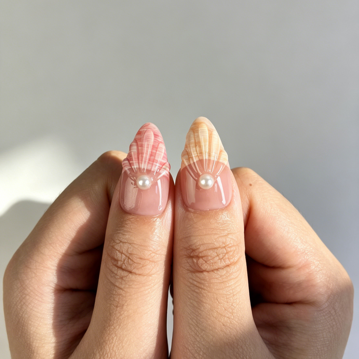 Soft Pink Cherry Blossom Press On Nails, Medium Almond Spring 3D Shell Pearl Gentle Fake Nail Set