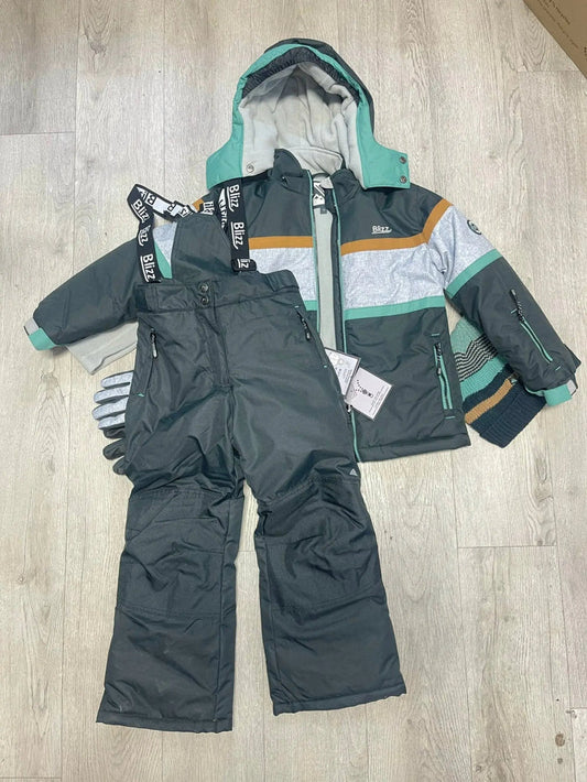 Blizz boys 5-piece snowsuit set in Deep Sea with jacket, snow pants, toque, neck warmer, and mitts.