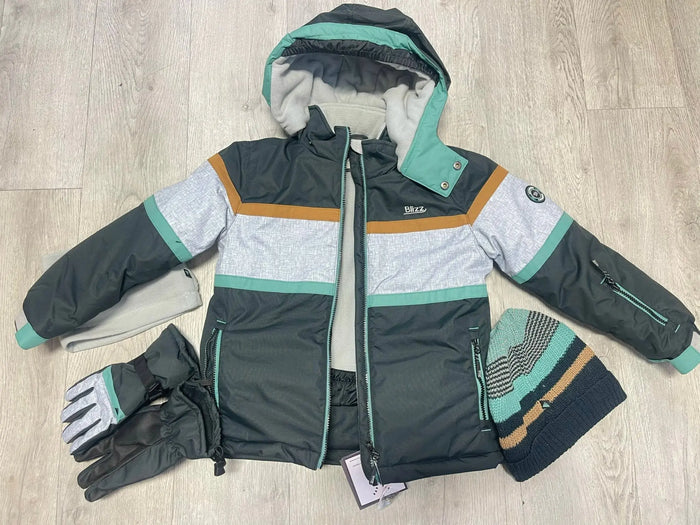 Blizz boys winter jacket in Deep Sea with removable hood, color-block design, and zip front.