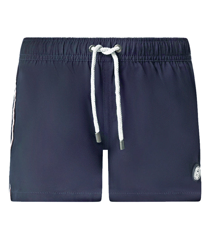 Navy blue shorts with drawstring on a white background