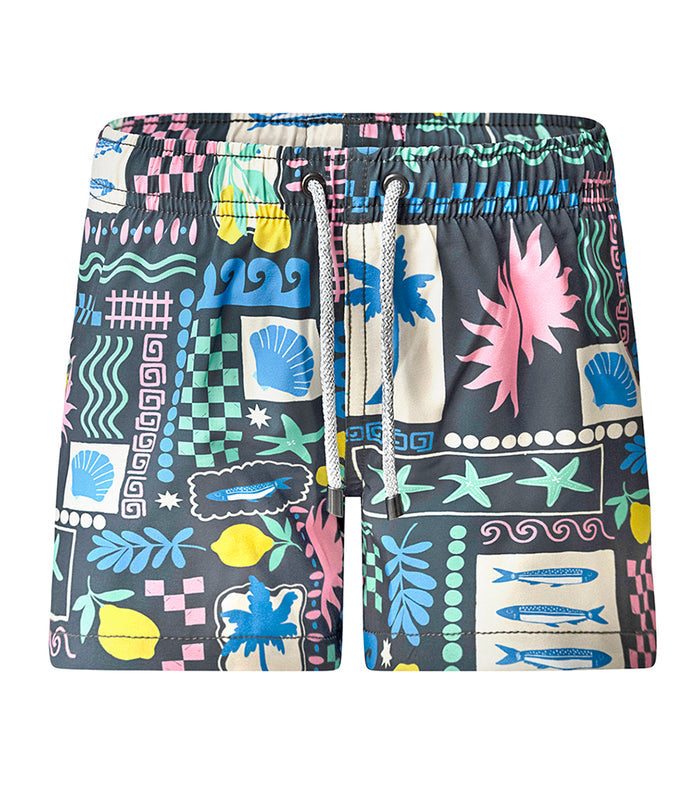 Capri Black patterned shorts with a drawstring on a white background