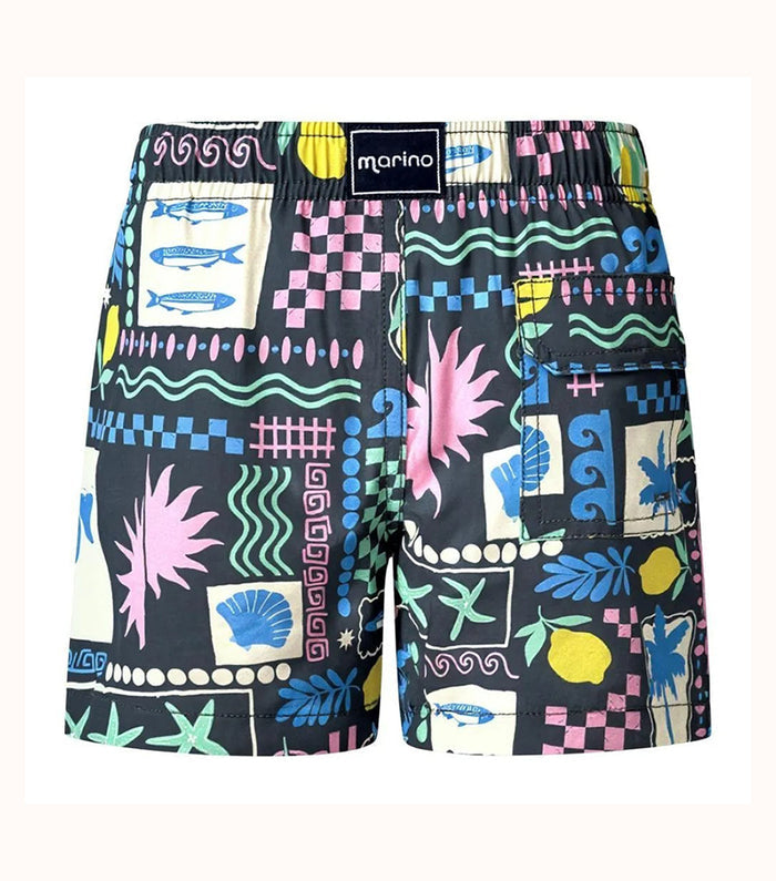 Capri Black  patterned shorts with a drawstring on a white background