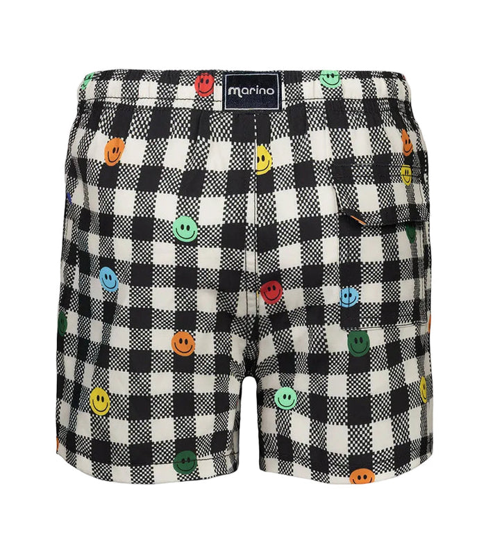gingham emoji Black and white checkered shorts with colorful smiley face buttons on a white background