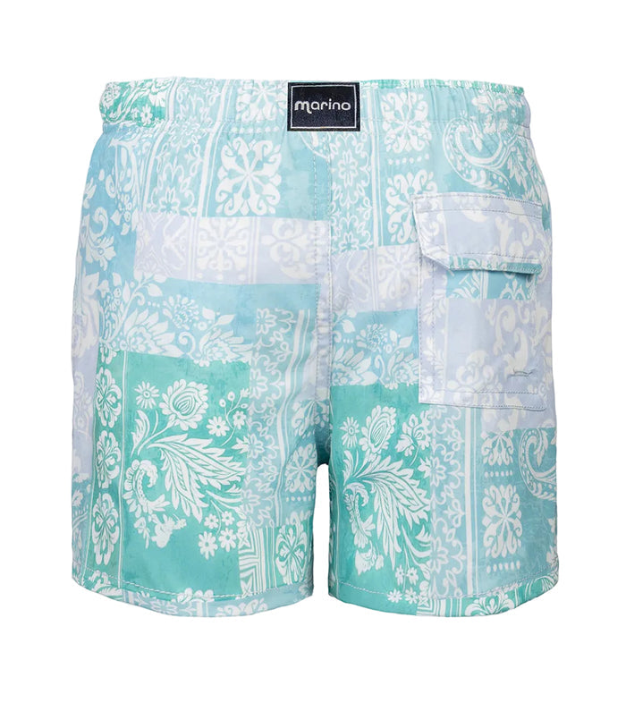 paisley Teal and white patterned shorts with a visible brand label on a light gray background