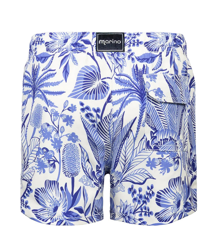 tropical Blue floral patterned shorts on a white background