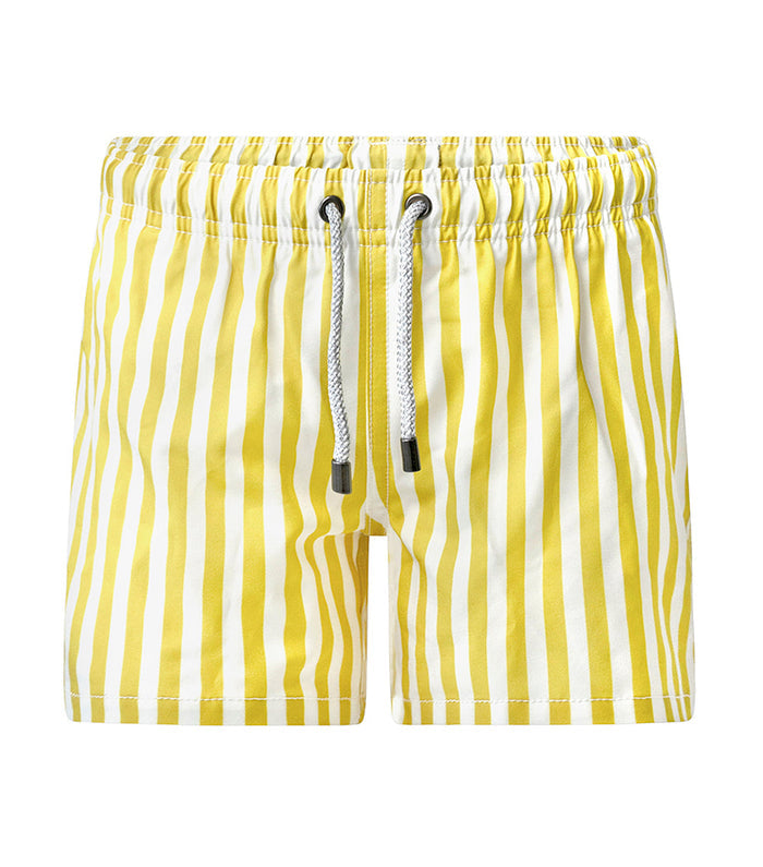 Yellow Stripes patterned shorts with a drawstring on a white background