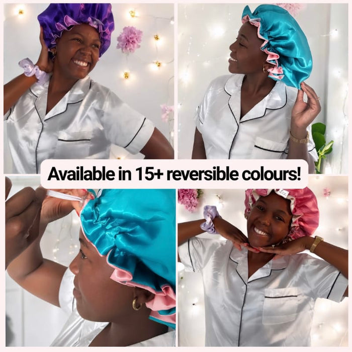 Bubblegum/Silver: Vegan Silk Bonnet (Reversible, Adjustable, & Double Lined)