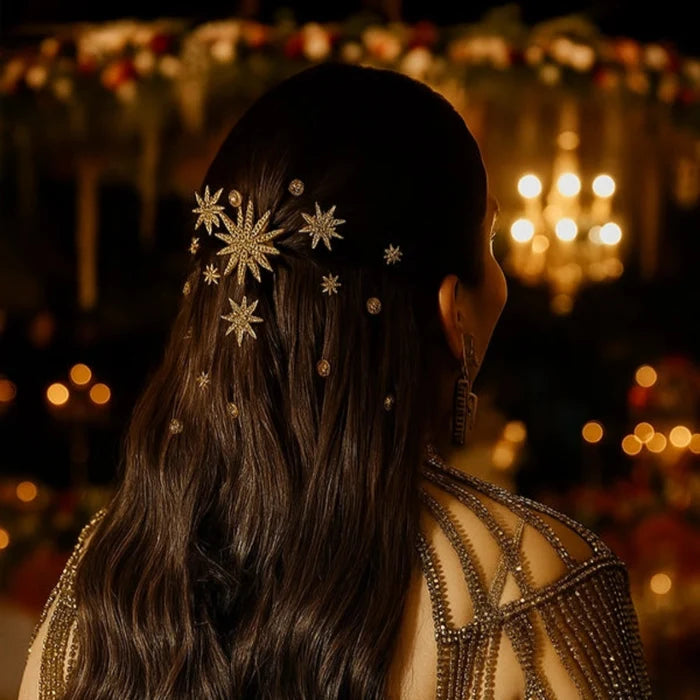 Woman with decorative hairpins against a blurred background of lights