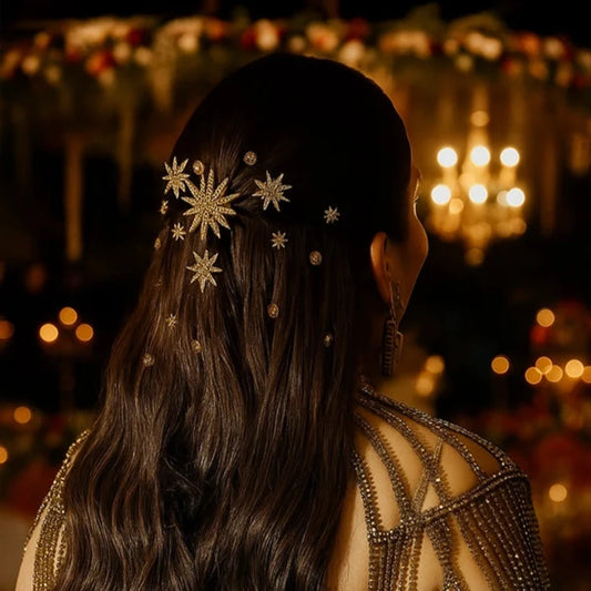 Woman with decorative hairpins against a blurred background of lights