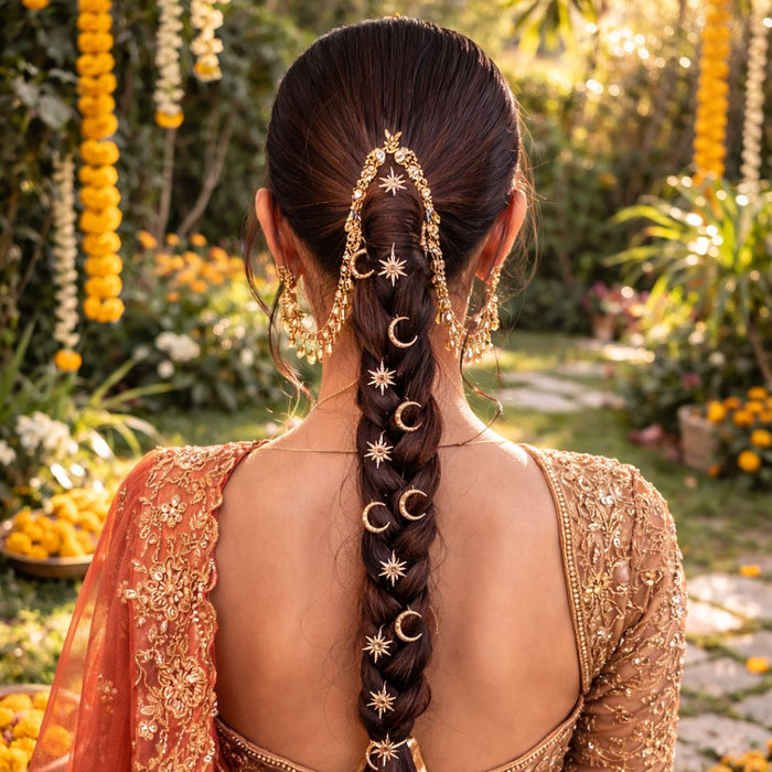 Gold star moon hair pins scattered in bridal updo for Indian wedding sangeet night hairstyle