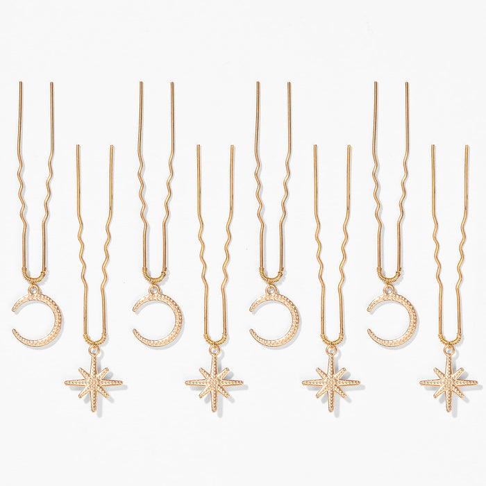8-piece celestial hair pin set with tiny stars moons styling a romantic wedding guest hairstyle