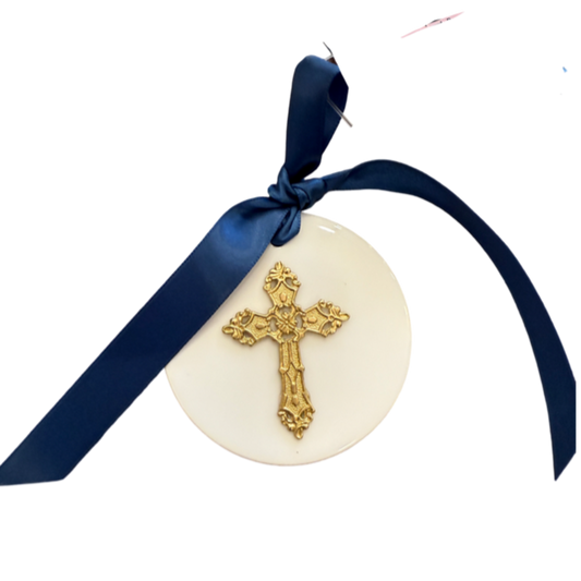 cross on ornament with navy blue ribbon handmade christian jesus cross