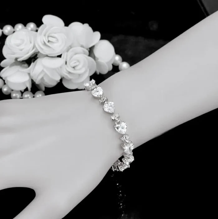Wedding Jewelry - Silver Cubic Zirconia Heart Bracelet