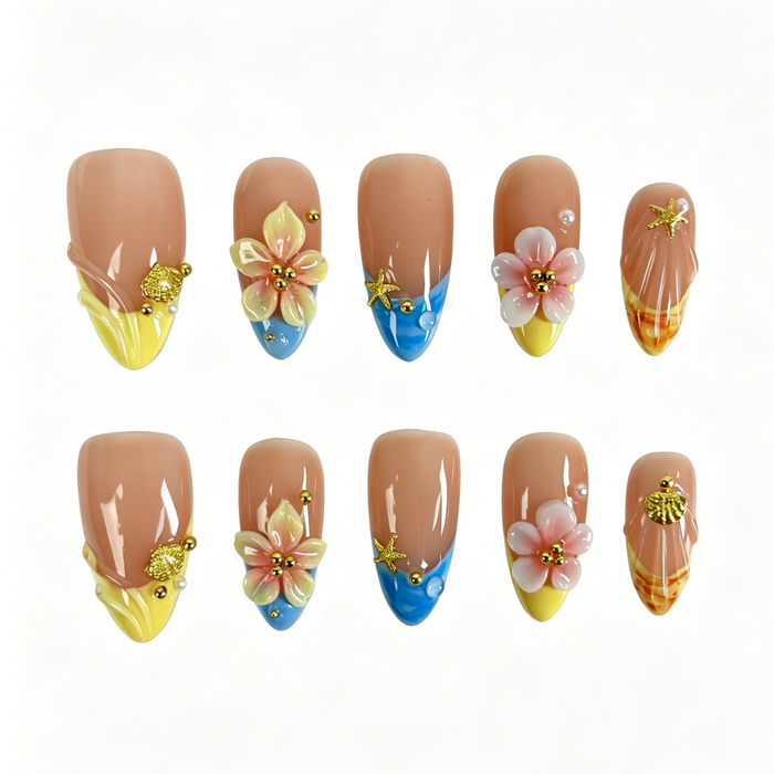Medium Almond Press On Nails, Summer Ocean 3D Flower Starfish Shell Fake Nail Set