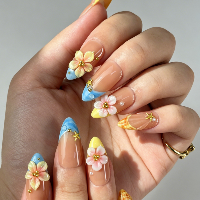Close Up Ocean Nail Art, 3D Plumeria Starfish Shell Gold Decor