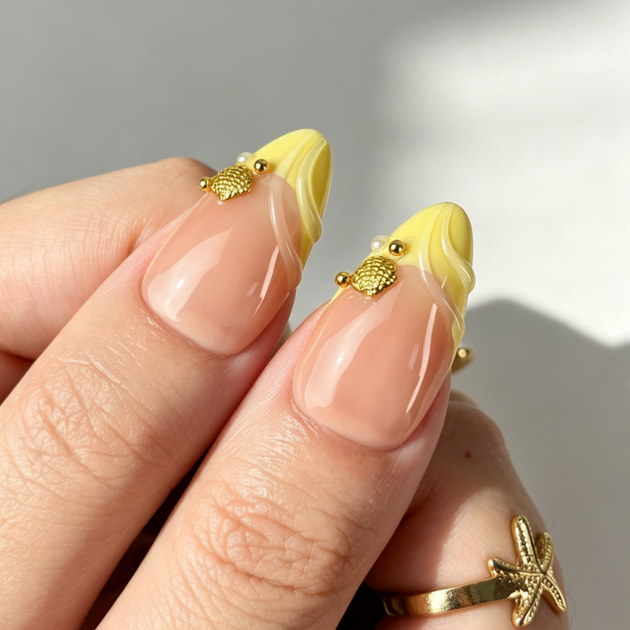 Tropical Beach Floral Press On Nails, Medium Almond Nude Fake Nails