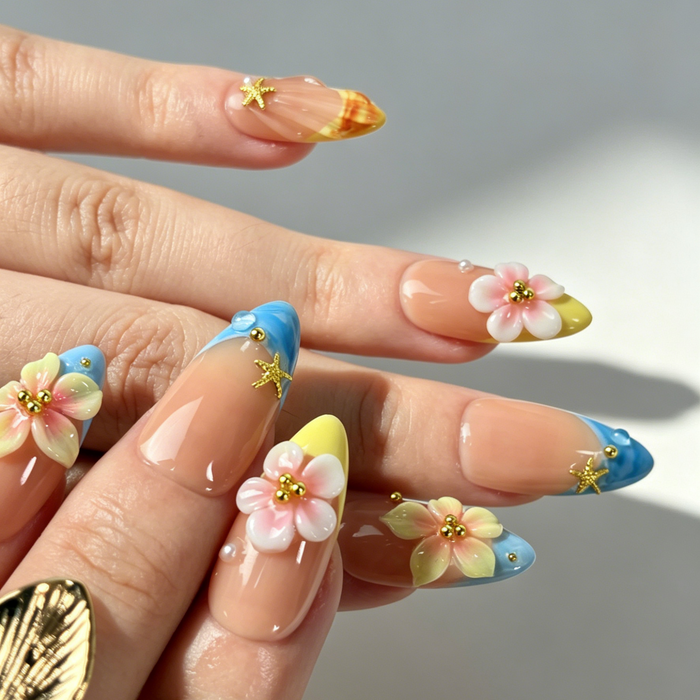 Glossy Medium Almond Summer Ocean False Nails With Starfish & Shell Decor