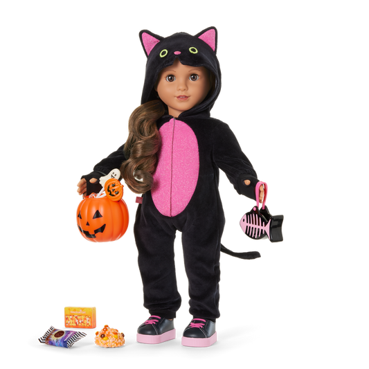 Claws & Cuddles Cat Costume & Trick-or-Treat Set Bundle for 18-inch Dolls