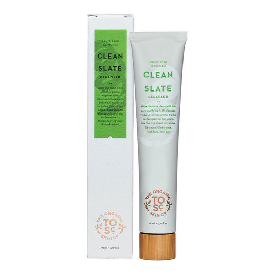 Tube of certified organic cleanser with a fruit acid complex next to its box.